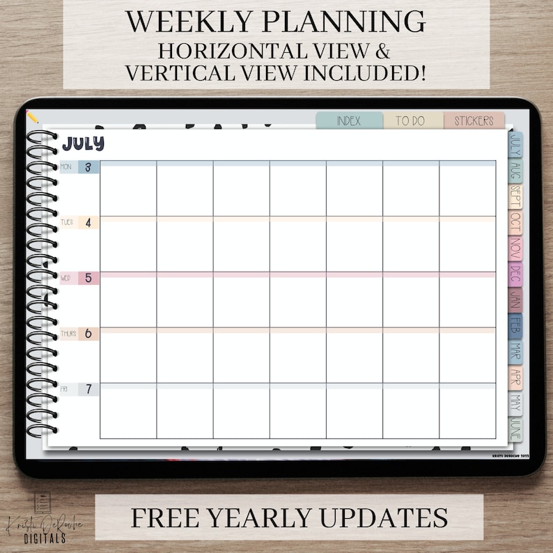 May include: A digital planner with a weekly calendar layout for the month of July. The planner has a light blue, pink, and beige color scheme. The planner includes sections for index, to do, and stickers. The planner also includes a vertical view of the year with tabs for each month.