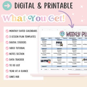 Pu&ograve; includere: Un planner digitale per insegnanti con un programma settimanale, modelli di piani di lezione e adesivi digitali. Il planner include un calendario, una lista di cose da fare e un tracker dei dati. Il planner &egrave; progettato per aiutare gli insegnanti a organizzare la loro classe e i loro piani di lezione.