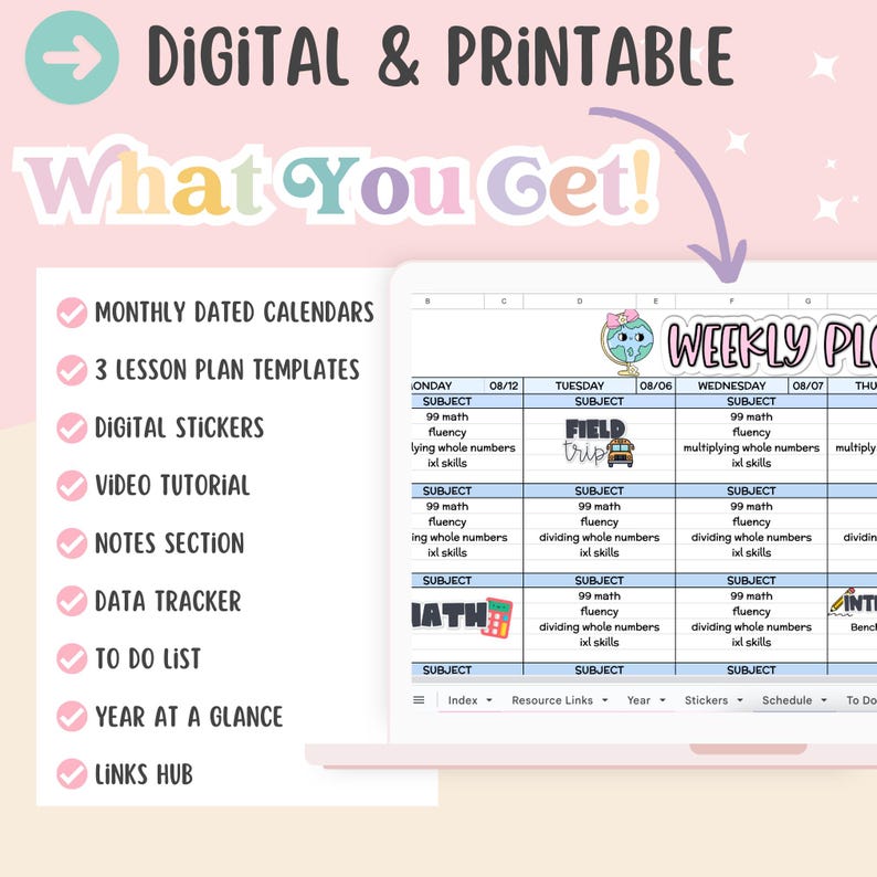 Pu&ograve; includere: Un planner digitale per insegnanti con un programma settimanale, modelli di piani di lezione e adesivi digitali. Il planner include un calendario, una lista di cose da fare e un tracker dei dati. Il planner &egrave; progettato per aiutare gli insegnanti a organizzare la loro classe e i loro piani di lezione.