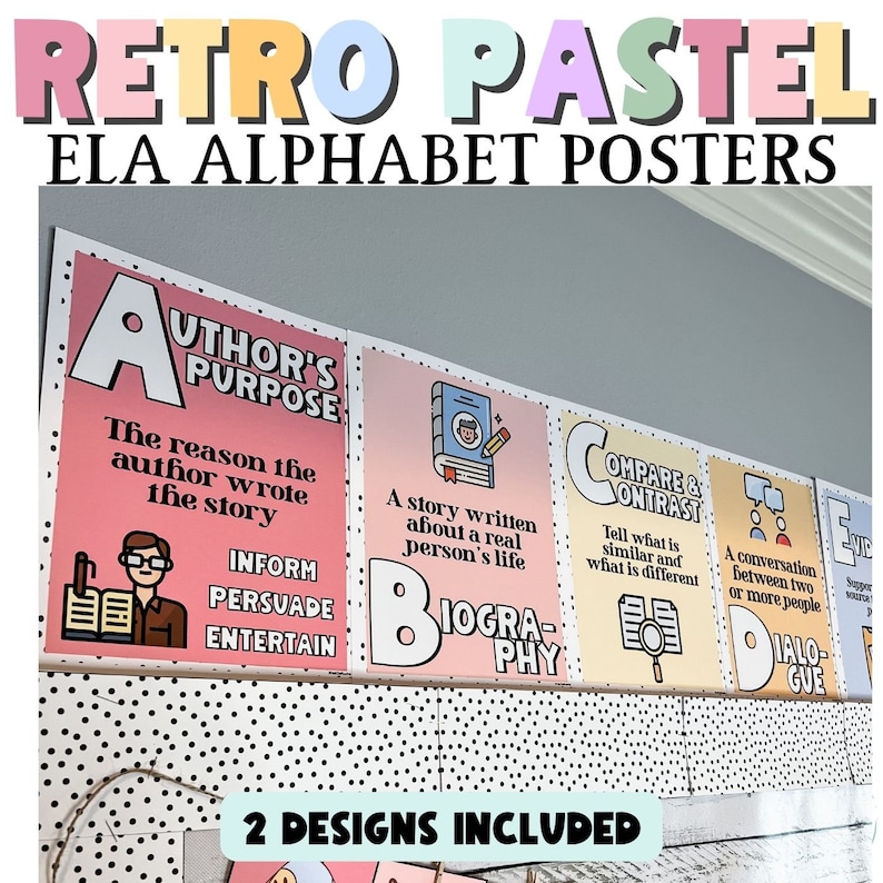 May include: A set of colorful alphabet posters with a retro pastel design. Each poster features a different letter of the alphabet and a related ELA term, such as "Author's Purpose" and "Biography".