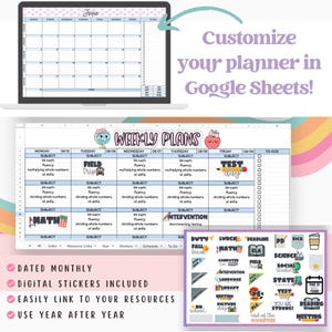Pu&ograve; includere: Un planner digitale per insegnanti, con un calendario mensile colorato, piani di lezione settimanali e un elenco di cose da fare. Il planner include adesivi digitali con temi come "gita scolastica", "giorno del test" e "pausa libera da compiti".