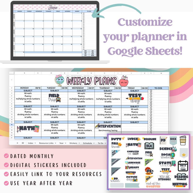 Pu&ograve; includere: Un planner digitale per insegnanti, con un calendario mensile colorato, piani di lezione settimanali e un elenco di cose da fare. Il planner include adesivi digitali con temi come "gita scolastica", "giorno del test" e "pausa libera da compiti".
