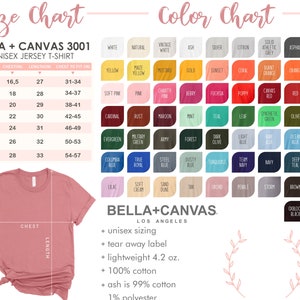 Op de afbeelding: Maattabel voor het Bella + Canvas 3001 unisex jersey t-shirt. De tabel toont de borst-, lengte- en borstomvangmaten in inches voor maten XS tot 3XL. Een kleurenkaart toont 50 verschillende kleuropties voor het t-shirt.