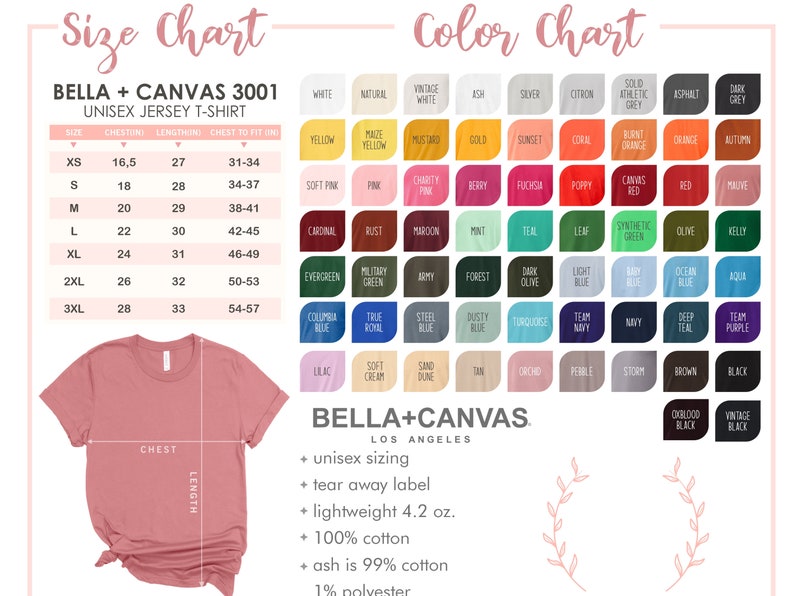 Op de afbeelding: Maattabel voor het Bella + Canvas 3001 unisex jersey t-shirt. De tabel toont de borst-, lengte- en borstomvangmaten in inches voor maten XS tot 3XL. Een kleurenkaart toont 50 verschillende kleuropties voor het t-shirt.