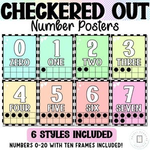 May include: A set of colorful number posters with the text "CHECKERED OUT Number Posters". Each poster features a number from zero to seven, the number's name, and a ten frame. The posters are in pastel colors with a checkered border.
