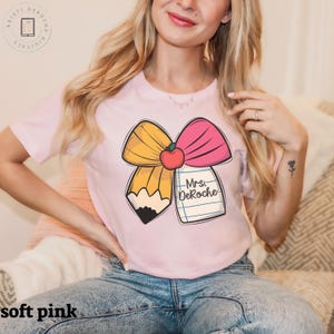 Custom Teacher Shirt, Cute Teacher Pencil Bow, Teacher Name Sweatshirt, Gift for Elementary Teacher, Teacher Coquette Shirt, Pencil Bow Tee