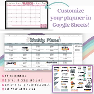 Puede incluir: Un planificador digital para profesores, con un calendario mensual, planes semanales y listas de tareas. El planificador es personalizable en Google Sheets e incluye pegatinas digitales. El planificador est&aacute; dise&ntilde;ado para ser utilizado a&ntilde;o tras a&ntilde;o.