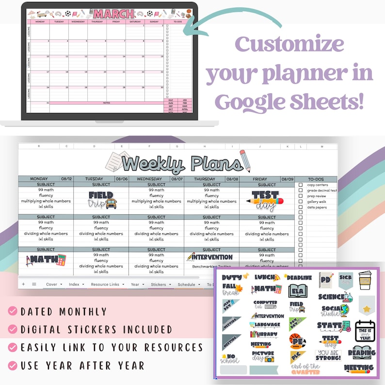 Puede incluir: Un planificador digital para profesores, con un calendario mensual, planes semanales y listas de tareas. El planificador es personalizable en Google Sheets e incluye pegatinas digitales. El planificador est&aacute; dise&ntilde;ado para ser utilizado a&ntilde;o tras a&ntilde;o.
