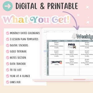 Puede incluir: Un planificador semanal digital e imprimible para profesores. El planificador incluye un calendario, plantillas de planes de lecciones, pegatinas digitales, tutoriales en video, notas, un rastreador de datos, una lista de tareas, un vistazo al a&ntilde;o y un centro de enlaces. El planificador est&aacute; dise&ntilde;ado para ayudar a los profesores a organizar su tiempo y administrar su carga de trabajo.