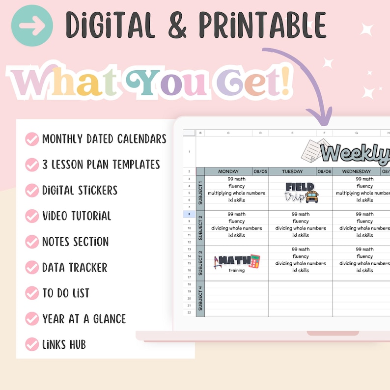 Puede incluir: Un planificador semanal digital e imprimible para profesores. El planificador incluye un calendario, plantillas de planes de lecciones, pegatinas digitales, tutoriales en video, notas, un rastreador de datos, una lista de tareas, un vistazo al a&ntilde;o y un centro de enlaces. El planificador est&aacute; dise&ntilde;ado para ayudar a los profesores a organizar su tiempo y administrar su carga de trabajo.