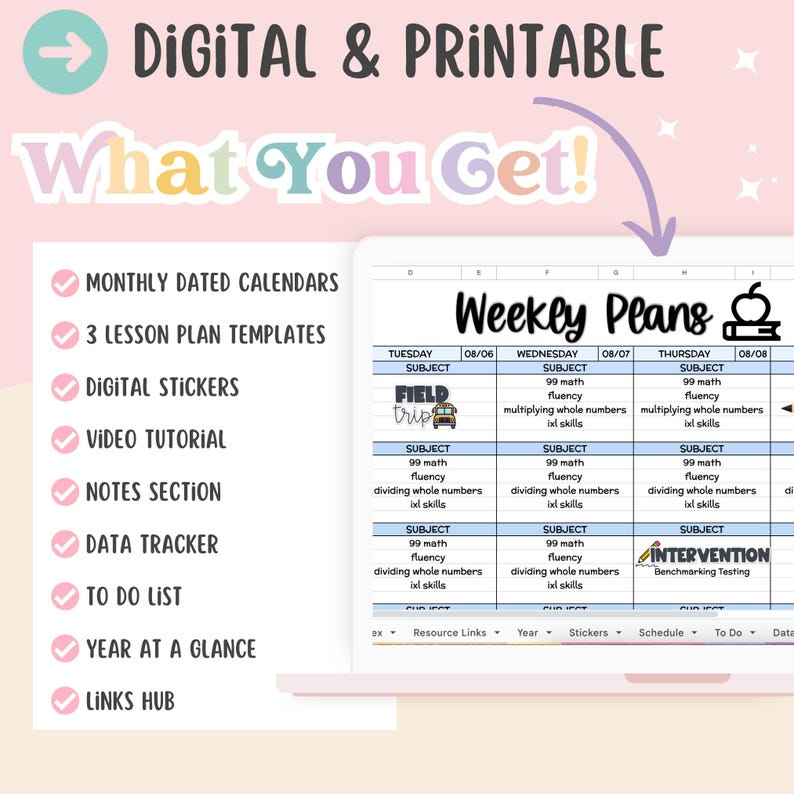 May include: A digital planner for teachers with a checklist of features including monthly dated calendars, lesson plan templates, digital stickers, video tutorials, notes section, data tracker, to do list, year at a glance, and links hub. The planner also includes a weekly plan template with sample subjects and activities.