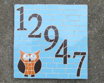 Mosaic house number, mosaic owl, made to order with variety of sizes, colours and themes available