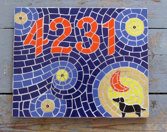 Decorative house number in mosaics; mosaic house sign/plaque; variety of sizes, colours and themes available, eg the view from the house!