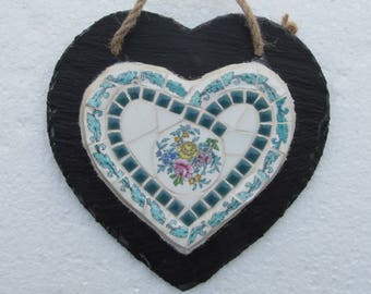 Mosaic heart wall hanging, mosaic on slate, vintage crockery heart