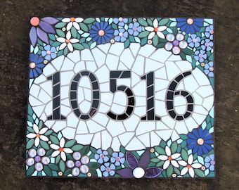 Mosaic house number, made to order with variety of sizes, colours and themes available