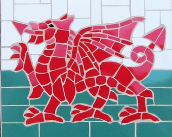 Mosaic Welsh Dragon, handmade in ceramic tiles; garden decor; home decor or hot pan trivet!
