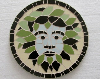 Mosaic of the 'Green Man' in ceramic tiles; garden decor; home decor or hot pan trivet!