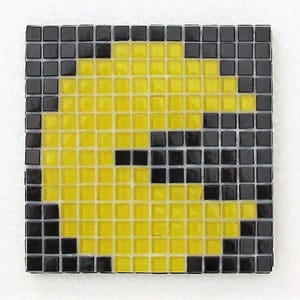 May include: Square mosaic tile art featuring a yellow and black pixelated design. The artwork is composed of small, square tiles in shades of yellow and black, arranged to create a recognizable image. The mosaic is set against a white background.