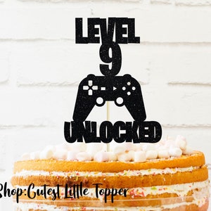 Level 9 unlocked Cake Topper, glitter cake topper, gamer cake topper, gamer birthday party, Cake Topper, 9th birthday cake topper