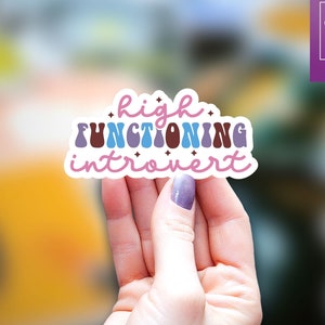 May include: A pink sticker with the text "high functioning introvert" in a retro font with blue, purple, and brown accents.