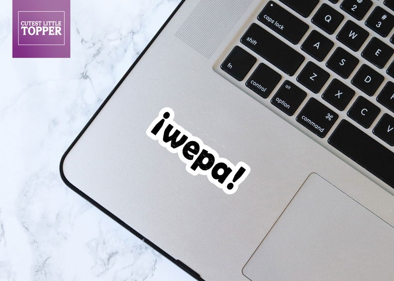 May include: A black and white sticker with the text "iwepa!" on a silver laptop.