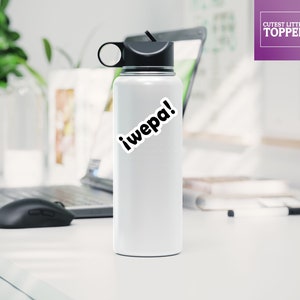 May include: White water bottle with a black lid and a black sticker that says "iwepa!" on it.