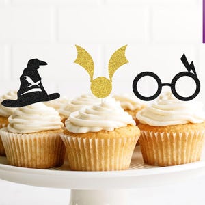 Sorting hat Wizard inspired Cupcake Topper, glitter topper, magical party, lightning bolt cupcake topper, birthday cake topper wizard party