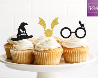 Sorting hat Wizard inspired Cupcake Topper, glitter topper, magical party, lightning bolt cupcake topper, birthday cake topper wizard party