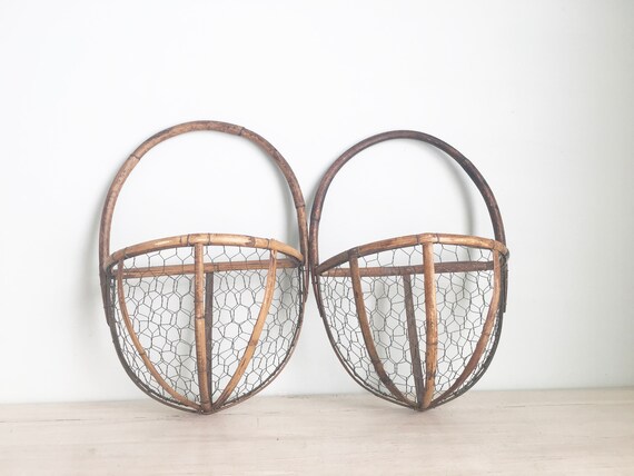 Wire Basket Hanging Baskets Chicken Wire Basket Bamboo Etsy