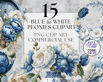 Blue Peony Clipart White Peony Clipart Peony Flower Clipart Peony PNG Full Commercial Use Watercolor Floral Clipart Instant Download