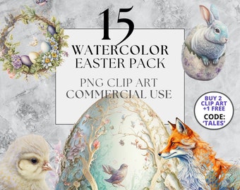 May include: A set of 15 watercolor Easter clip art images for commercial use. The images include a wreath with flowers and eggs, a chick, a fox, a rabbit in an egg, and an egg with a tree inside. The text "BUY 2 CLIP ART +1 FREE CODE: 'TALES'" is also included in the image.
