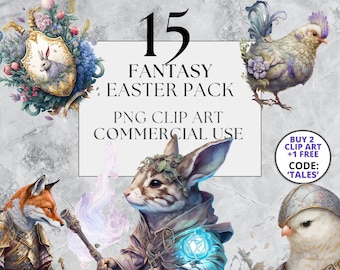 Könnte beinhalten: Ein digitales Clipart-Paket mit 15 fantasievollen Osterillustrationen. Das Paket enthält einen Fuchs in Rüstung, ein Kaninchen mit einer blauen Kugel, ein Huhn mit einer Blumenkrone und einen Vogel in Rüstung. Der Text "15 Fantasy Easter Pack" wird in der Mitte des Bildes angezeigt. Der Text "PNG Clip Art Commercial Use" wird unter dem Titel angezeigt. Der Text "Buy 2 Clip Art +1 Free Code: 'Tales'" wird in der unteren rechten Ecke des Bildes angezeigt.