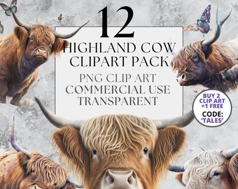 12 Highland Cow Clipart Pack in Transparent PNG, Full Commercial Use, Instant Download with Floral and Standalone Options