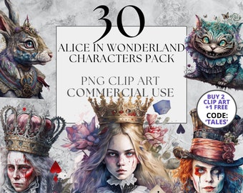 30 Alice In Wonderland Character Clipart PNG,  Fairytale Clip Art, Watercolor, Instant Download, Full Commercial Use