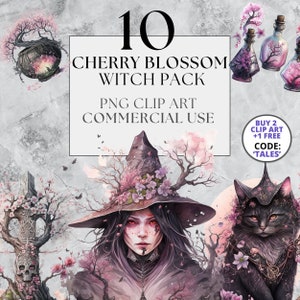 Paquete de imágenes prediseñadas de bruja de flor de cerezo de 10 | PNG | Imágenes prediseñadas de fantasía gótica | Acuarela | Descarga instantánea, imprimible con uso comercial completo