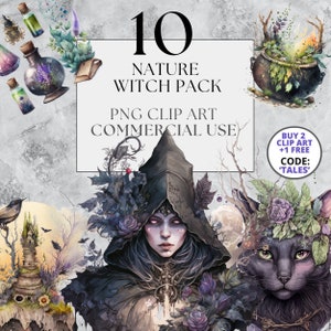 10 Pack Clipart Sorcière Nature | PNG | Belle fantaisie gothique Clip Art | Aquarelle | Téléchargement instantané, imprimable avec une utilisation commerciale complète