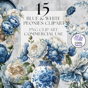Imágenes Prediseñadas de peonía azul, imágenes prediseñadas de peonía blanca, imágenes prediseñadas de flor de peonía, imágenes prediseñadas de peonía PNG, uso comercial completo, imágenes prediseñadas florales de acuarela, descarga instantánea