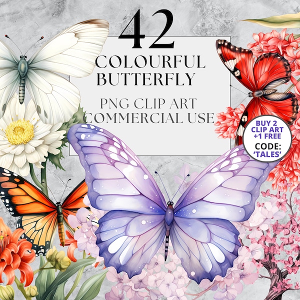 42 Colourful Butterfly Clipart, PNG designs, Fairytale Clipart, Watercolour, Instant Download, Full Commercial Use