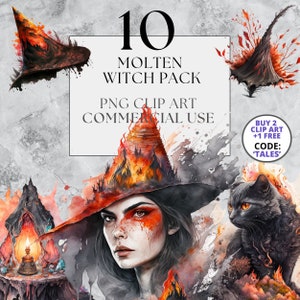 Pack de 10 cliparts de sorcière en fusion | PNG | Belle sorcière Fantasy Clip Art | Aquarelle | Téléchargement instantané, imprimable avec utilisation commerciale complète