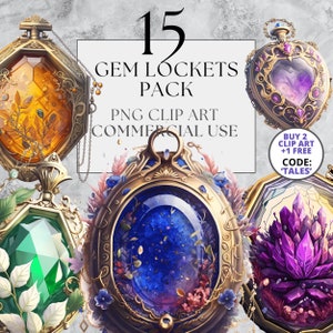 May include: A set of 15 digital illustrations of ornate gold lockets with various gemstone designs. The lockets feature different shapes and styles, including a heart, a square, and a round locket. The gemstones are depicted in vibrant colors, such as purple, green, blue, and orange. The text "15 GEM LOCKETS PACK PNG CLIP ART COMMERCIAL USE BUY 2 CLIP ART +1 FREE CODE: 'TALES'" is visible in the image.