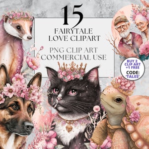 15 Fairytale Love Clipart, PNG, Full Commercial Use, Animal Clipart, Valentines Clipart, Watercolor Clipart with Instant Download