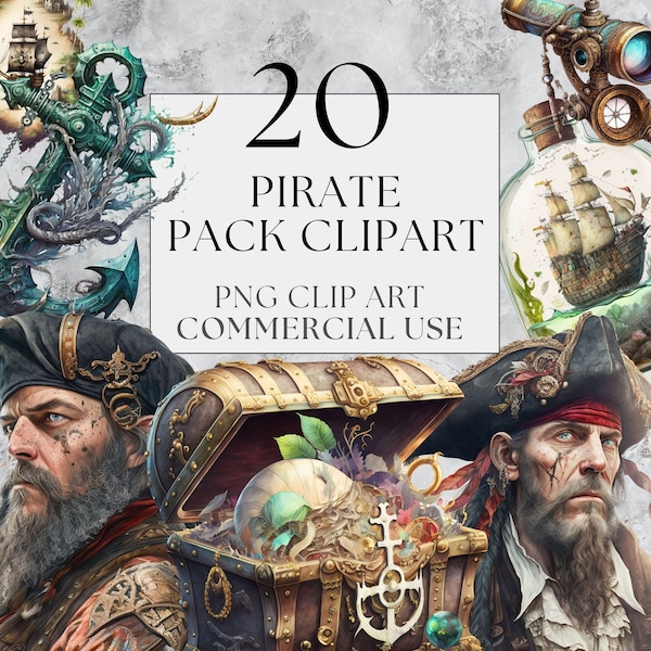 Pacchetto di 20 clipart pirata, clipart acquerello PNG con uso commerciale completo, download istantaneo, clipart nautica fantasy, pirati trasparenti