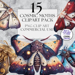 Kosmische Motte Clipart, PNG & volle kommerzielle Nutzung, wunderschöne Fantasy Clipart in Aquarell mit sofortigem Download
