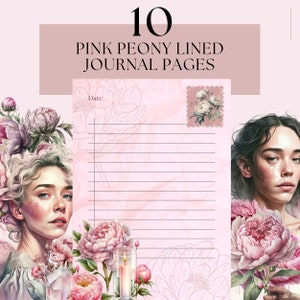 Op de afbeelding: Roze pioenroos-gestreepte journalpagina's met een bloemenontwerp en een vrouwengezicht op de omslag. Het journal heeft 10 pagina's en is perfect om je gedachten en ideeën op te schrijven.