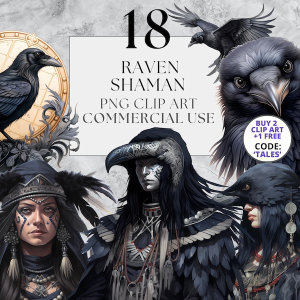 18 Raven Shaman Clipart PNG, Raven Clipart, Fantasy Clipart, Tribal Clipart, Instant Download, Full Commercial Use