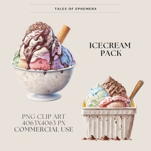 Puede incluir: Dos ilustraciones de helado. La primera es un sundae con salsa de chocolate, chispas y un cono de waffle. La segunda es un recipiente de helado con una cuchara. Ambos est&aacute;n en un estilo de dibujos animados. ICE CREAM PACK. PNG CLIP ART 4063X4063 PX COMMERCIAL USE