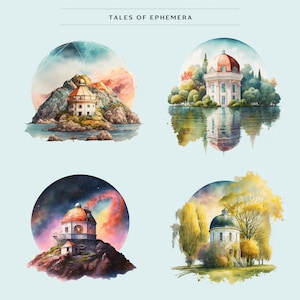 10 Watercolor Observatories | PNG | Beautiful Scenery Clip Art ...