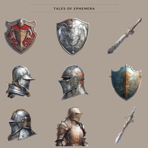 May include: A collection of medieval-style armor and weapons, including a silver sword, a silver shield with a floral design, a silver helmet with a visor, a silver helmet with a crest, a red and gold shield with a crest, and a silver shield with a floral design.
