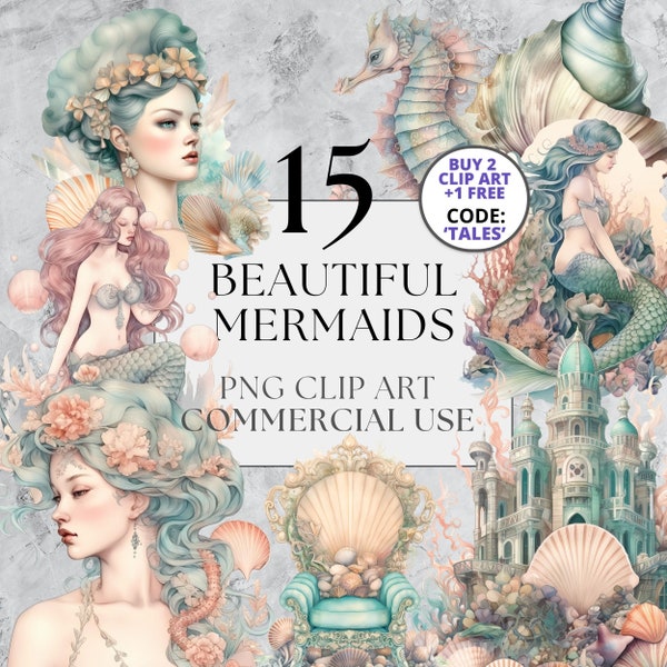 15 Beautiful Mermaid Clipart Pack, PNG, Fairytale Mermaids Clip Art, Nautical Fantasy Watercolour, Instant Download with Full Commercial Use