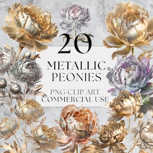 20 imágenes prediseñadas de peonías metálicas, PNG, uso comercial completo, imágenes prediseñadas de peonía floral de acuarela con descarga instantánea, botánico de bronce dorado y plateado